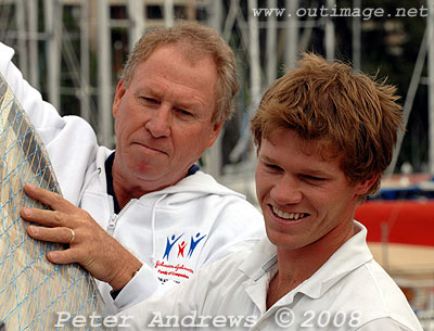 Nathan Outteridge (right) with his father Tony back in February 2008 after Tony received a grant from the Johnson & Johnson Athlete Family Support Program. Photo copyright Peter Andrews.