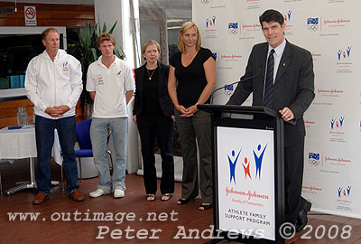 From left to right, Tony Outteridge and son Nathan; Jonston < Jonston's Rowena Millward; Commonwealth Games Medalist Johanna Grigs; and Olympic Decathlete and President of the NSW Olympian's Club Peter Hatfield; at the launch of the Jonston < Jonston Athlete Family Support Program.
