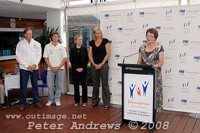 From left to right, Tony and Nathan Outteridge, Rowena Millward, Johanna Grigs and AOC Member and President of the NSW Olympic Council, Helen Brownlee at the launch of the Jonston < Jonston Athlete Family Support Program