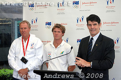 Tony and Nathan Outteridge with Olympic Decathlete and President of the NSW Olympian's Club Peter Hatfield at the launch of the Jonston < Jonston Athlete Family Support Program