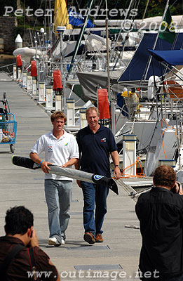 Tony and Nathan Outteridge face the media at the Cruising Yacht Club of Australia after it was announced that Tony was the first successful recipient of a grant from the Jonston < Jonston Athlete Family Support Program
