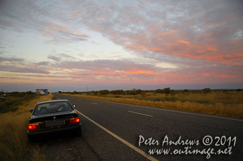 Sunset near the Little Topar Roadhouse, between Wilcannia and Broken Hill on the Barrier Highway, NSW Australia. Photo copyright Peter Andrews, Outimage Australia.
