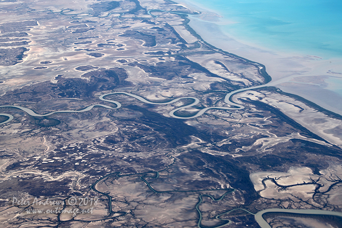 The Flinders River winding towards the Gulf of Carpentaria, near Normanton in outback Queensland. 17°35'44.4"S 140°44'31.6"E. High altitude shots from a flight between Sydney Australia and Manila, Philippines.