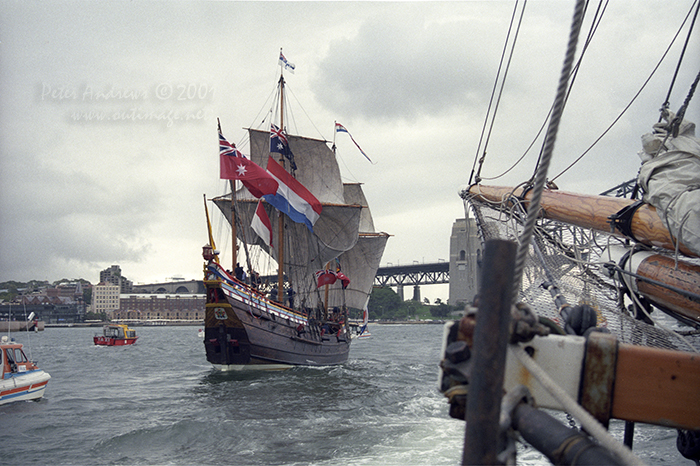 Duyfken seen from the bow of the Tasmanian tallship Windeward Bound on Sydney Harbour, Saturday March 3, 2001.