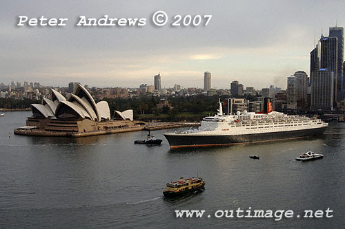 QE2 in Circular Quay and the Sydney Opera House.