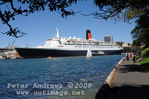 Queen Elizabeth II moored at Garden Island Naval Dockyard in Woolloomooloo Bay viewed from Mrs Macquaries Point.