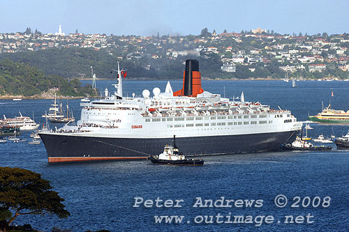 Queen Elizabeth II turns towards Circular Quay, just off Fort Denison on Sydney Harbour.