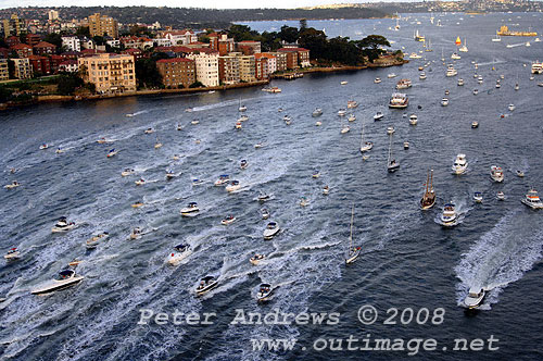 The spectator fleet and other boats retain passage past Circular Quay after this section of the harbour was closed off to all craft during the movements of the Cunard Queens.