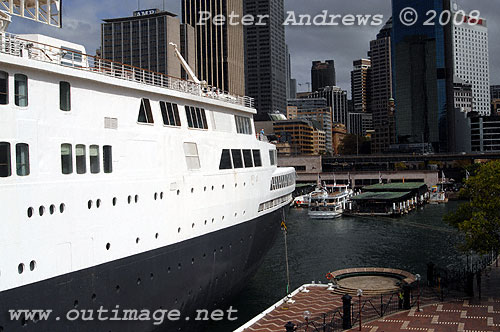 The stern of Queen Elizabeth 2 at the Overseas Passenger Terminal, Circular Quay.