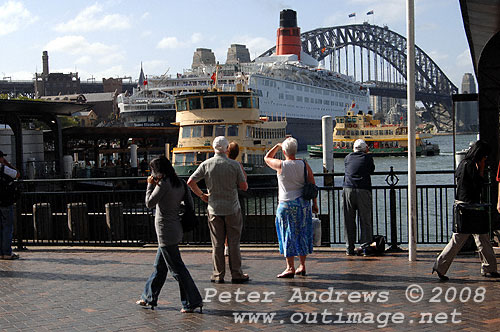 Queen Elizabeth 2 from the ferry wharfs at Circular Quay Sydney.