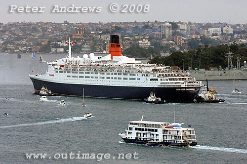 Queen Elizabeth 2 steaming out of Sydney Harbour.