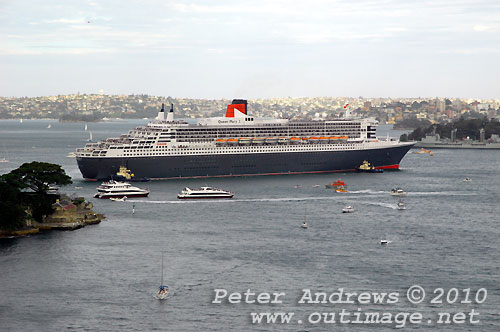 The Queen Mary II arives in Sydney during its second visit to Australia, Sunday March 7, 2010. Photo copyright Peter Andrews, Outimage.
