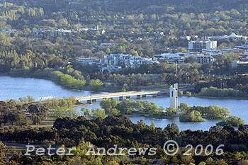 The National Carillon on Aspen Island and the Kings Avenue Bridge over Lake Burley Griffin, Canberra.