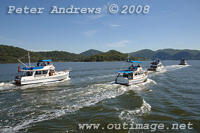 Grand Banks Rendezvous fleet motoring up the Hawkesbury River