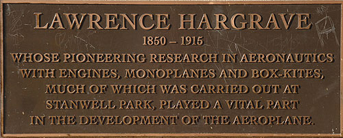 The plaque at the base of the monument to Lawrence Hargrave built in the 1940's, at the top of Bald Hill, NSW Australia, overlooking Stanwell Park Beach. The plaque has written the following text. Lawrence  Hargrave 1850 - 1915, whose pioneering research in aeronautics with engines, monoplanes and box-kites, much of which was carried out at Stanwell Park, played a vital part in the development of the aeroplane.