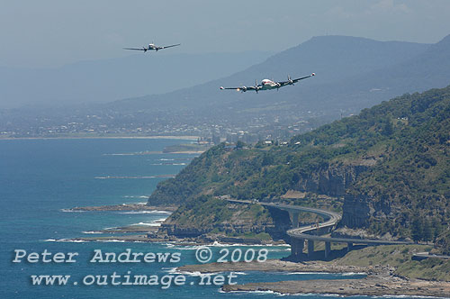 The Illawarra based Historical Aircraft Restoration Society's (HARS) Lockheed Super Constellation, Connie and Douglas C47 Dakota A65-94 approach Bald Hill. Photo copyright Peter Andrews.
