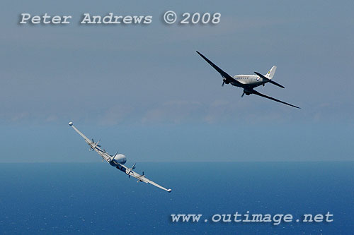 The Illawarra based Historical Aircraft Restoration Society's (HARS) Lockheed Super Constellation, Connie and Douglas C47 Dakota A65-94 fly past Bald Hill. Photo copyright Peter Andrews.