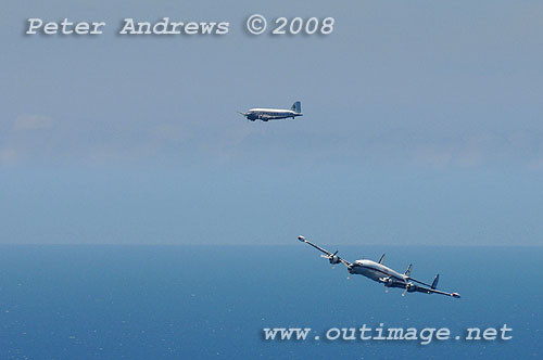 The Illawarra based Historical Aircraft Restoration Society's (HARS) Lockheed Super Constellation, Connie and Douglas C47 Dakota A65-94 approach Bald Hill. Photo copyright Peter Andrews.