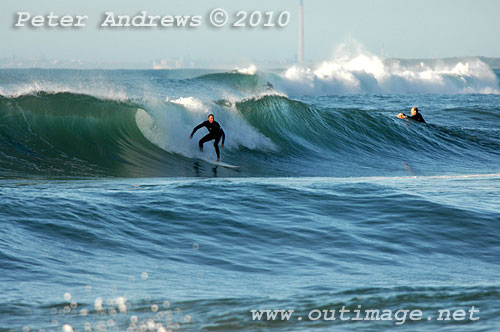 A mid August Saturday morning surf at Location 1, New South Wales Illawarra Coast, Australia. Photo copyright, Peter Andrews, Outimage Publications.
