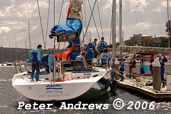 Grant Wharington's 98 foot IRC Maxi Skandia about to leave the dock of the CYCA for the 2006 Sydney to Gold Coast Yacht Race.