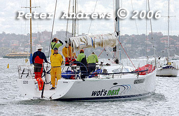 Graeme Wood's Sydney 47 Wot's Next, leaving the docks of the CYCA for the 2006 Sydney to Gold Coast Yacht Race.