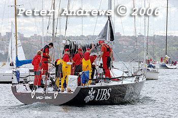 Geoff Lavis' Inglis 50 UBS Wild Thing, leaving the docks of the CYCA for the 2006 Sydney to Gold Coast Yacht Race.