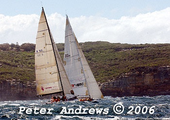 Stephen Ainsworth's Reichel Pugh 60 Loki just ahead of Michael Hiatt's Cookson 50 Living Doll, at the heads after the start of the 2006 Sydney to Gold Coast Yacht Race.