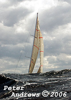 Leslie Green's Swan 601 Ginger, behind a wave at the heads after the start of the 2006 Sydney to Gold Coast Yacht Race.