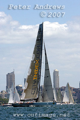 From the UK Mike Slade's 30 metre maxi City Index Leopard after of the start of the 2007 Rolex Sydney Hobart Yacht Race.