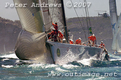 Experiencing some difficulties with a sail change on Wild Oats, outside the heads after the start of the 2007 Rolex Sydney Hobart Yacht Race.
