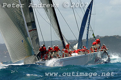Some difficulties with a sail change on Wild Oats outside the heads after the start of the 2007 Rolex Sydney Hobart Yacht Race.