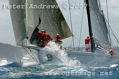 A sail change on Wild Oats outside the heads after the start of the 2007 Rolex Sydney Hobart Yacht Race.