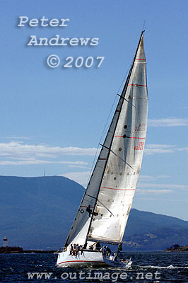 With the Iron Pot Lighthouse in sight and Mount Wellington in the background, Rosebud approaching the mouth of the Derwent River.