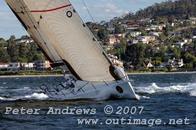 Sturgeon's Rosebud now much closer to Hobart, finds some decent sailing breeze out on the Derwent River just off Sandy Bay.