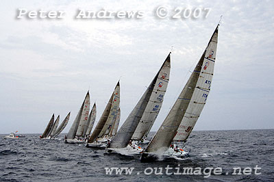 The second start attempt of Race 3 was successful, the Farr 40 fleet seen here edging up to the line.