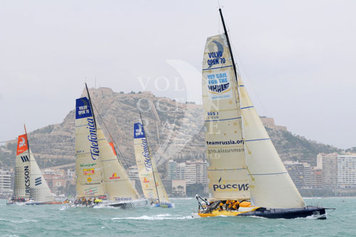 The fleet of second generation Volvo Open 70's break from the start line in Alicante, Spain for leg 1 of The Volvo Ocean Race. Next is a 6,500nm battle to Cape Town, South Africa. Photo copyright Dave Kneale - Volvo Ocean Race.