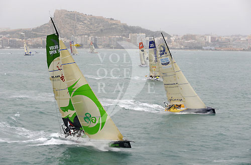 Green Dragon and t he fleet of second generation Volvo Open 70's after the start in Alicante, Spain for leg 1 of The Volvo Ocean Race. Photo copyright Rick Tomlinson - Volvo Ocean Race.