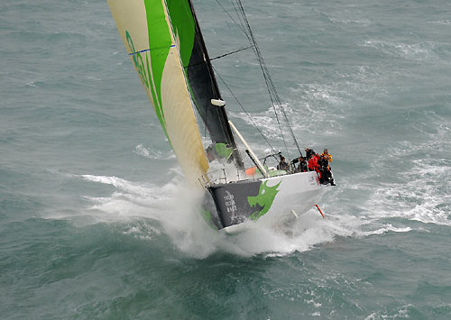 Green Dragon launches off a wave after the start line in Alicante, Spain for leg 1 of The Volvo Ocean Race. Photo copyright Rick Tomlinson - Volvo Ocean Race.