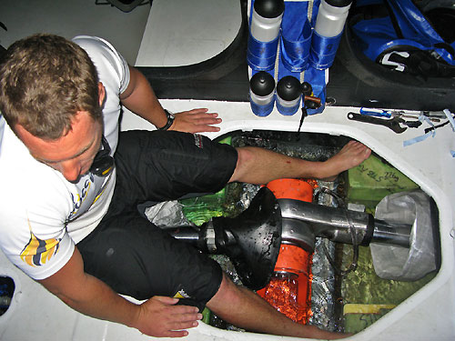 Team Russia make repairs to their hydraulic rams on leg 1 of the Volvo Ocean Race. Photo copyright Mark Covell - Team Russia - Volvo Ocean Race. 