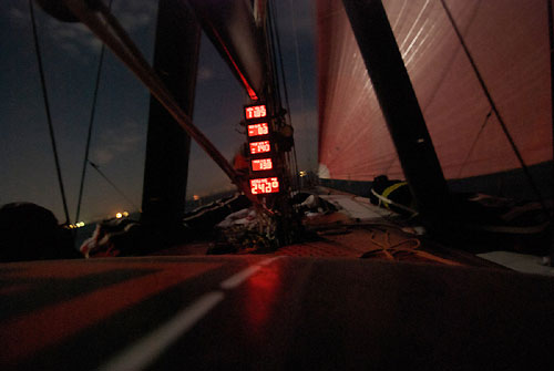 Looking along the deck towards the bow on PUMA Ocean Racing, sail into the night on leg 1 of the Volvo Ocean Race. Photo copyright Rick Deppe - PUMA Ocean Racing.