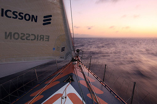 Ericsson 4 sails into the night on leg 1 of the Volvo Ocean Race. Photo copyright Guy Salter - Ericsson 4 - Volvo Ocean Race - Volvo Ocean Race.