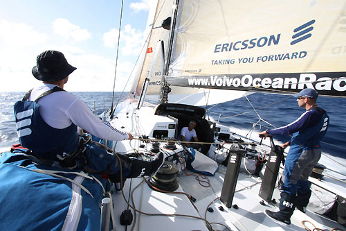 Ryan Godfrey, Stuart Bannatyne and Horacio Carabelli on Ericsson 4 on leg 1 of the Volvo Ocean Race. Photo copyright Guy Salter - Ericsson 4 - Volvo Ocean Race.