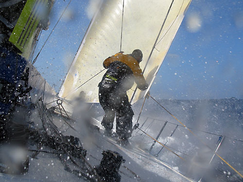 Trimmer / Driver Pablo Arrate adjusting the leech line onboard Telefonica Blue during Leg One of the Volvo Ocean Race. Photo copyright Gabriele Olivo - Equipo Telefonica Blue.