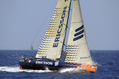 Ericsson 4 at the scoring gate at Fernando de Noronha, with PUMA Ocean Racing following close behind and seen on the horizon in the background, during leg 1 of the Volvo Ocean Race. Photo copyright Rick Tomlinson - Volvo Ocean Race.