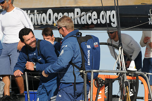 Skipper Torben Grael greets crew member Tony Mutter, who had to be taken off Ericsson 4 with a knee injury earlier in the leg. Photo copyright Dave Kneale - Volvo Ocean Race