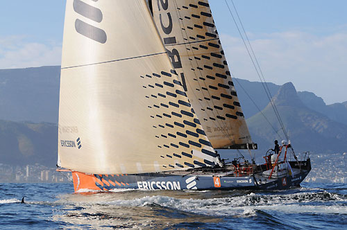 Ericsson 4 wins leg 1 of the Volvo Ocean Race, crossing the finish line at 05.54 GMT. Skippered by Brazilian Torben Grael and with a crew of international sailors, they completed the 6,500 mile leg from Alicante, Spain to Cape Town, South Africa in 21 days, breaking the 24 hour monohull record on 29/10/08 with a distance of 602.66 miles. Photo copyright Dave Kneale - Volvo Ocean Race. 
