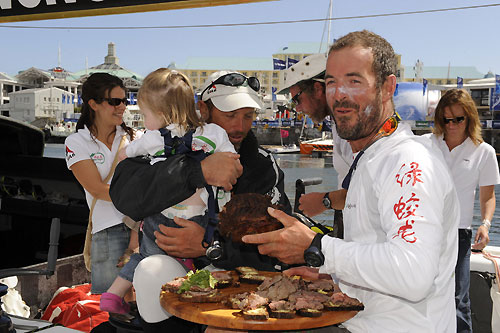 The crew of Green Dragon are treated to Irish Beef and Cheese on the dockside. Photo copyright Rick Tomlinson - Volvo Ocean Race. 