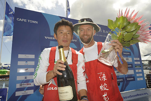 Media Crew Member Guo Chuan and Skipper Ian Walker dockside in Cape Town after completing leg 1 of the Volvo Ocean Race. Photo copyright Rick Tomlinson - Volvo Ocean Race.