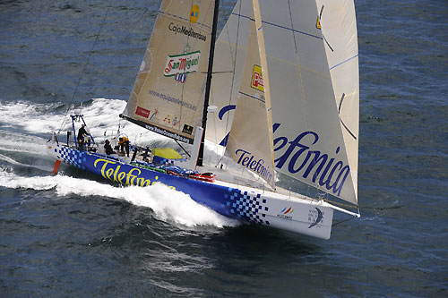 Telefnica Blue arrives into Cape Town at the end of leg 1 of the Volvo Ocean Race. Photo copyright Rick Tomlinson / Volvo Ocean Race.