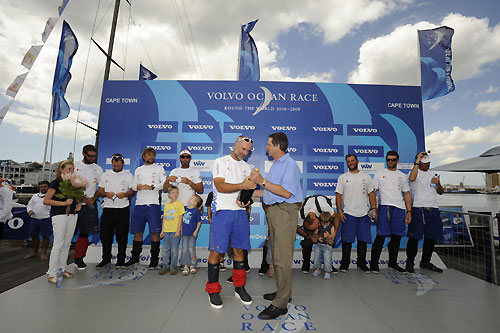 Telefonica Blue's Skipper Bouwe Bekking and crew dockside in Cape Town after completing Leg 1 of the Volvo Ocean Race. Photo copyright Rick Tomlinson - Volvo Ocean Race.